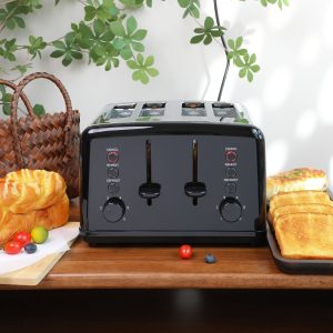 Retro Stainless Steel Toaster With High Lift Lever Stainless Steel Toaster 4 Slice Extra Wide Slots Removable Tray Cancel/Defrost/Reheat Functions 6-Shade Settings Toast Boost Self-centering Slot Guides Auto Shut Off